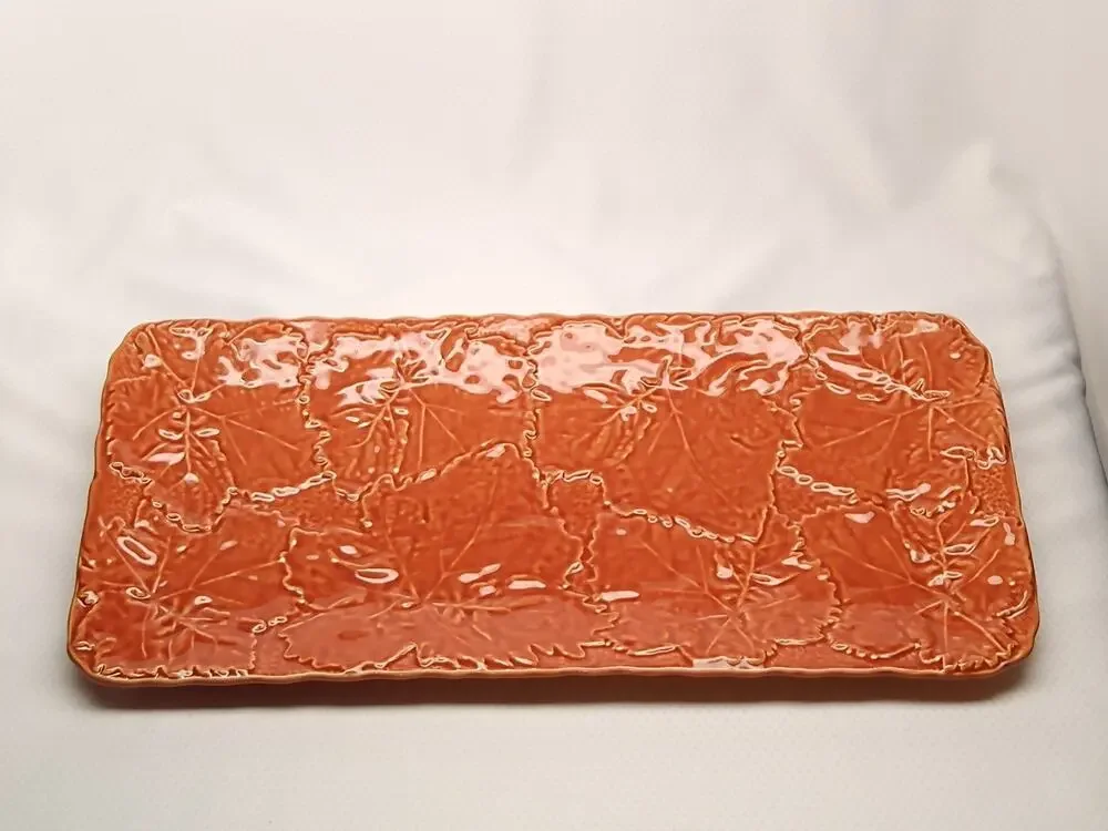 Olfaire Majolica Burnt Orange Rectangular Serving Tray Ceramic Portugal 16.5-In